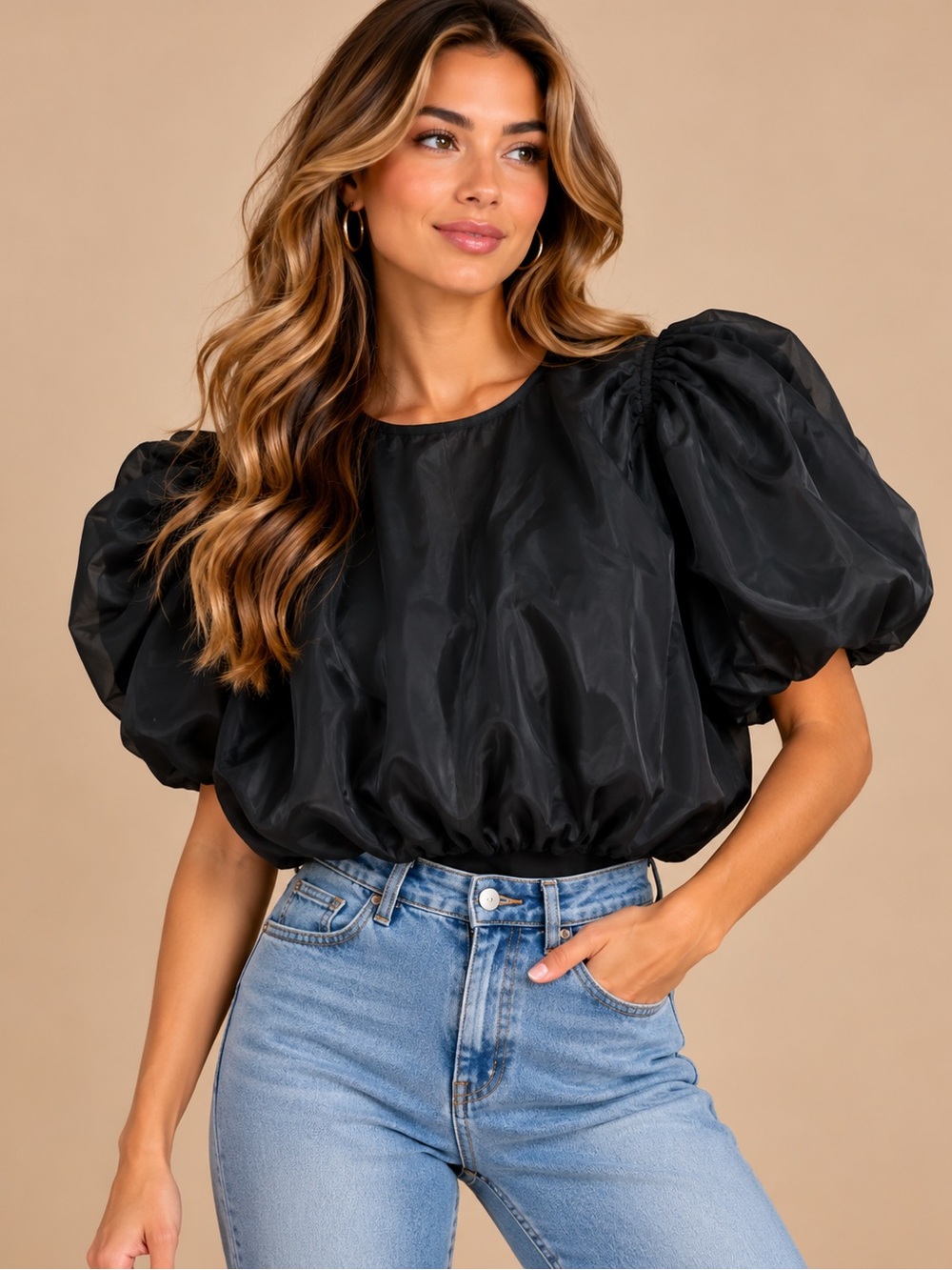 Olivaceous Black Dramatic Balloon Sleeve Blouse Size Small